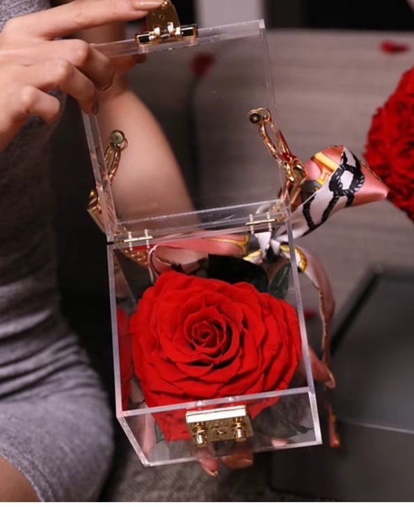 Clear Acrylic Box with heart shaped everlasting Red Rose