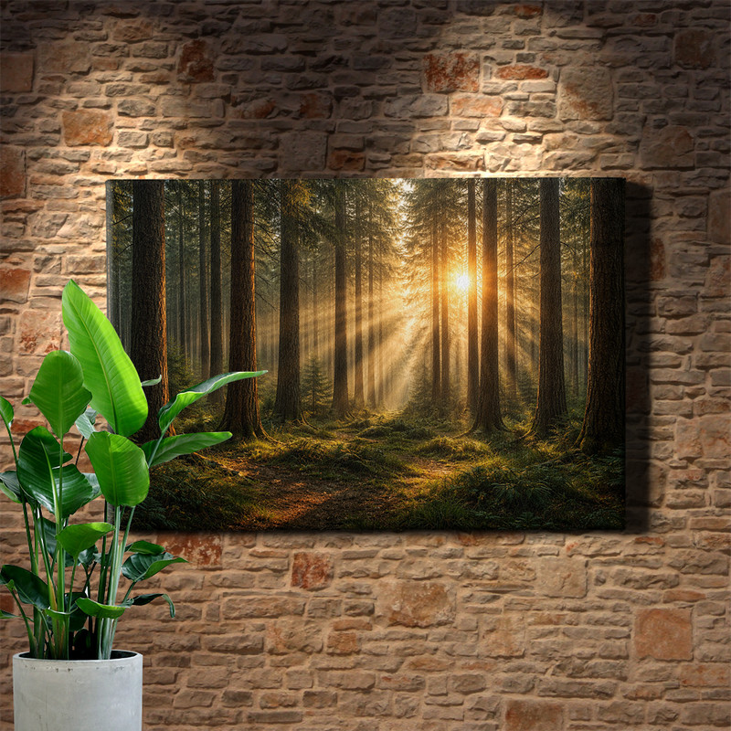 Sunrise Forest Landscape Wall Art Canvas Print Golden Light Through Trees