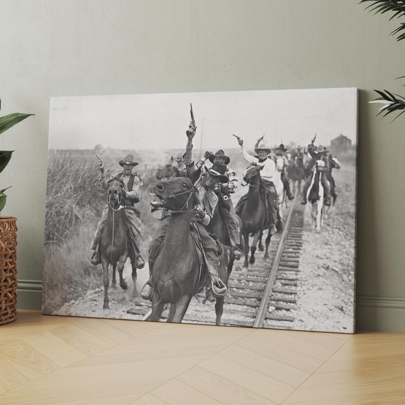 Cowboys Shooting Guns On Horseback 1900s Western Horse Canvas Wall Art Print