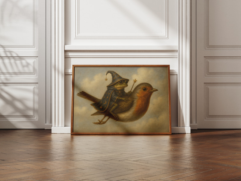 Frog Wizard Riding Bird Poster Cute Cottagecore Wall Art Whimsical Nursery Decor gallery