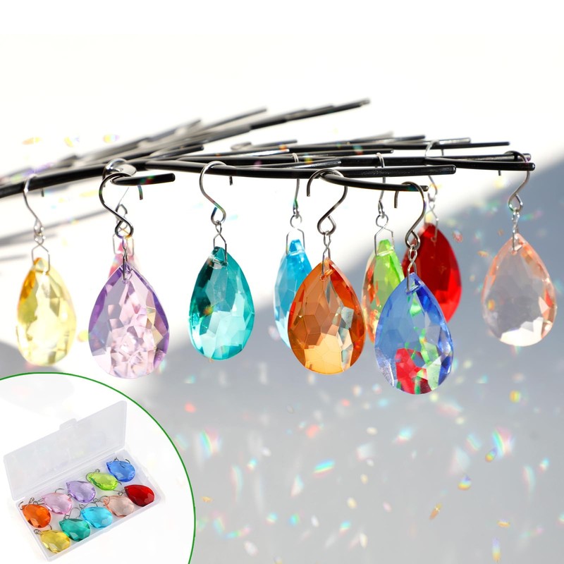 HYBEADS 38mm Crystal Suncatcher Prism, 10pcs Multicolor Teardrop Crystals Cha…