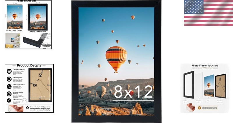 8x12 Picture Frame Black for Wall Hanging or Tabletop, Wall Mounting Ho..1 pack gallery