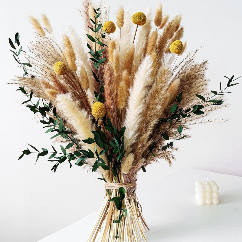 Boho Dried Flowers Bouquet – Olive Green Wall Decor, Pampas Grass Bouquet, Ru...