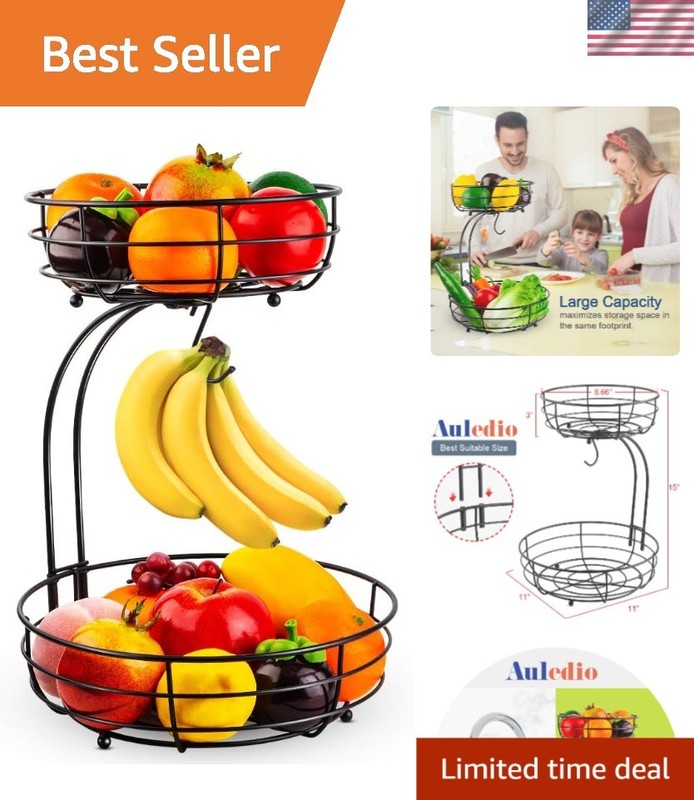 Fruit Basket Bowl with Banana Hanger 2-Tier Iron Storage Organizer Black
