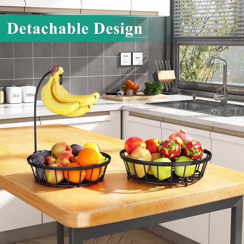 2-Tier Fruit Basket Bowl Stackable Vegetable Storage with Banana Tree Hanger