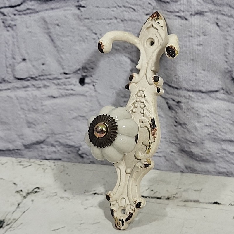Cast Iron Metal Single Hook Hanger Ceramic Knob Decorative White