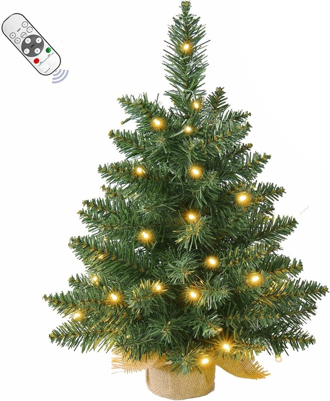 2FT Pre-lit Artificial Small Mini Christmas Tree with Warm White Multi-Color LED
