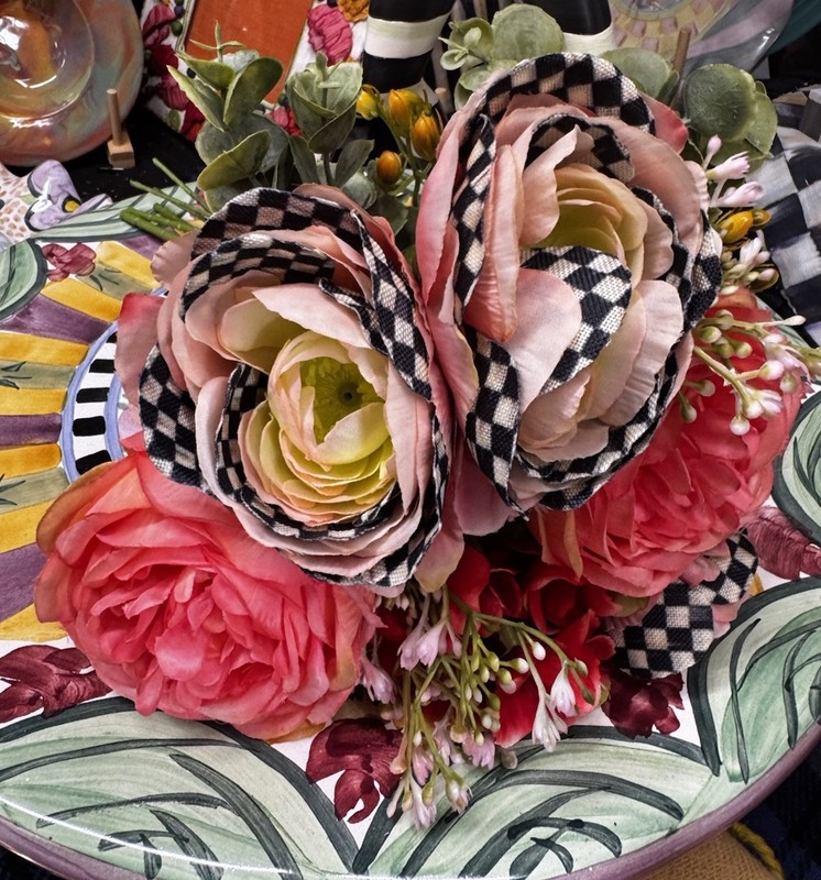 Mackenzie Childs Peach Ranunculus & Rose Bouquet courtly flowers 14″ NEW w tags