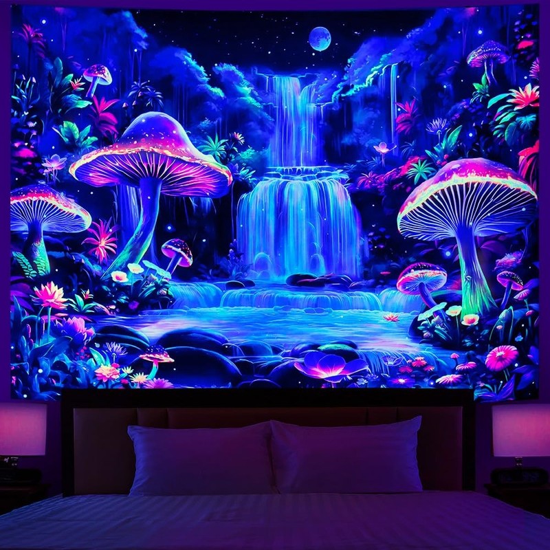 Blacklight Tapestry Fantasy Mushroom Forest Tapestry UV Reactive Waterfall Ta…
