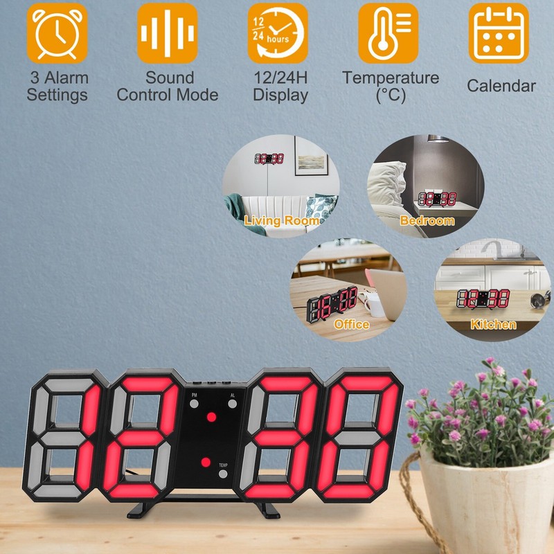 8″ Display Digital Clock 3D LED Desk Wall Clock Alarm USB 12/24h Auto Brightness