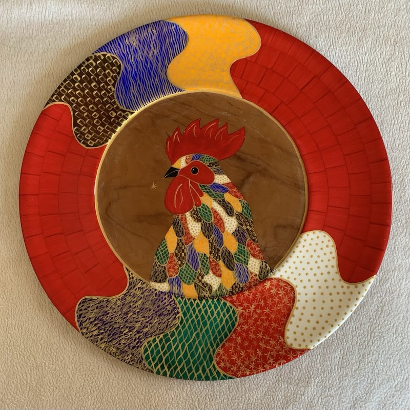 Bibi Leon Hand Crafted Painted Rooster Mahogany Wood Charger Plate Tray Signed