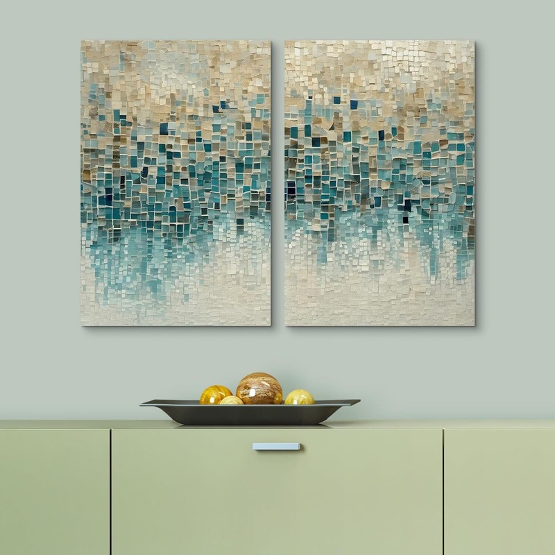 Wall26 Geometric Mosaic Abstract Wall Art Blue and Beige Canvas Prints gallery