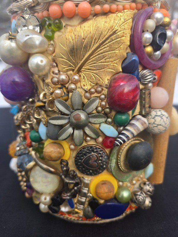 Vintage 82 Funky Fun Memory Vase Beads Jewls Buttons Folk Art Collage Colorful gallery