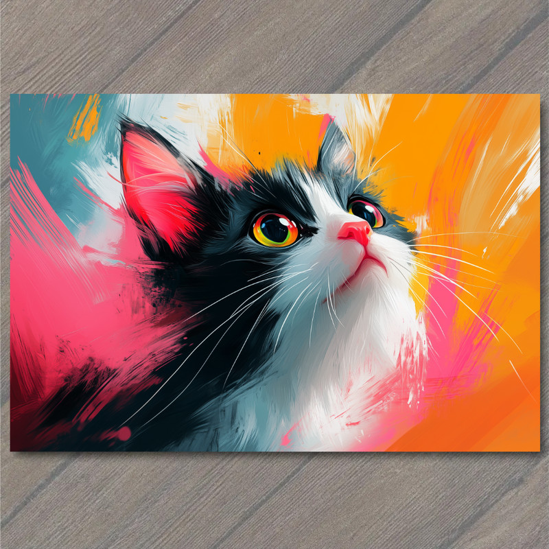 Art Print Black White Cat Pink Nose Orange Pink Blue Splash Background Wide Eyes