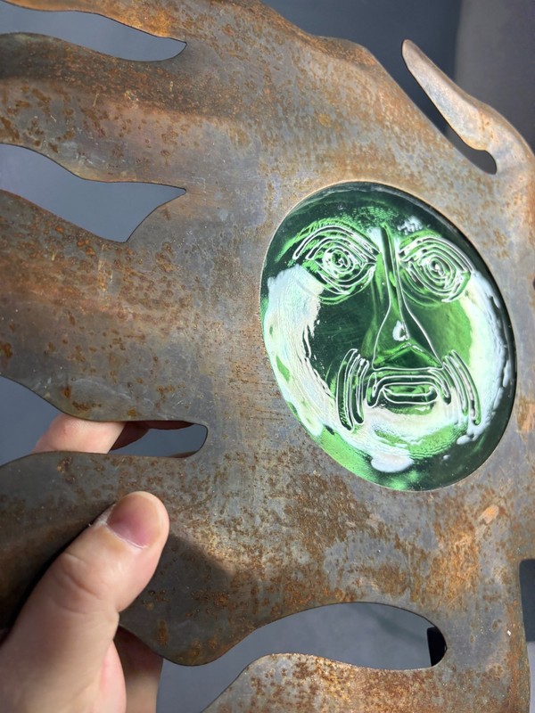 Rustic Steel Sun Wall Art with Green Embossed Glass Face 17x12 gallery