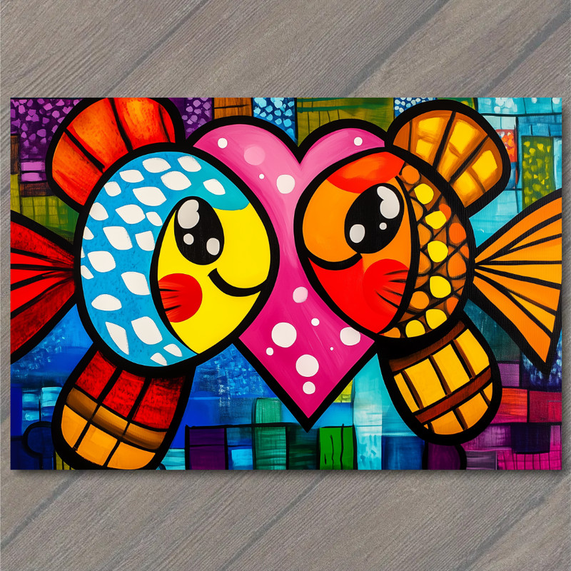 Art Print Colorful Fish Heart Pink Red Yellow Blue Whimsical Cartoon Cute