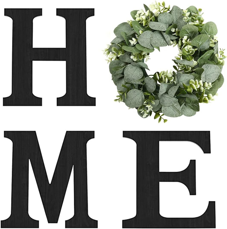 Wood Home Sign with Artificial Eucalyptus Wreath for O, Hanging Farmhouse Wall H gallery