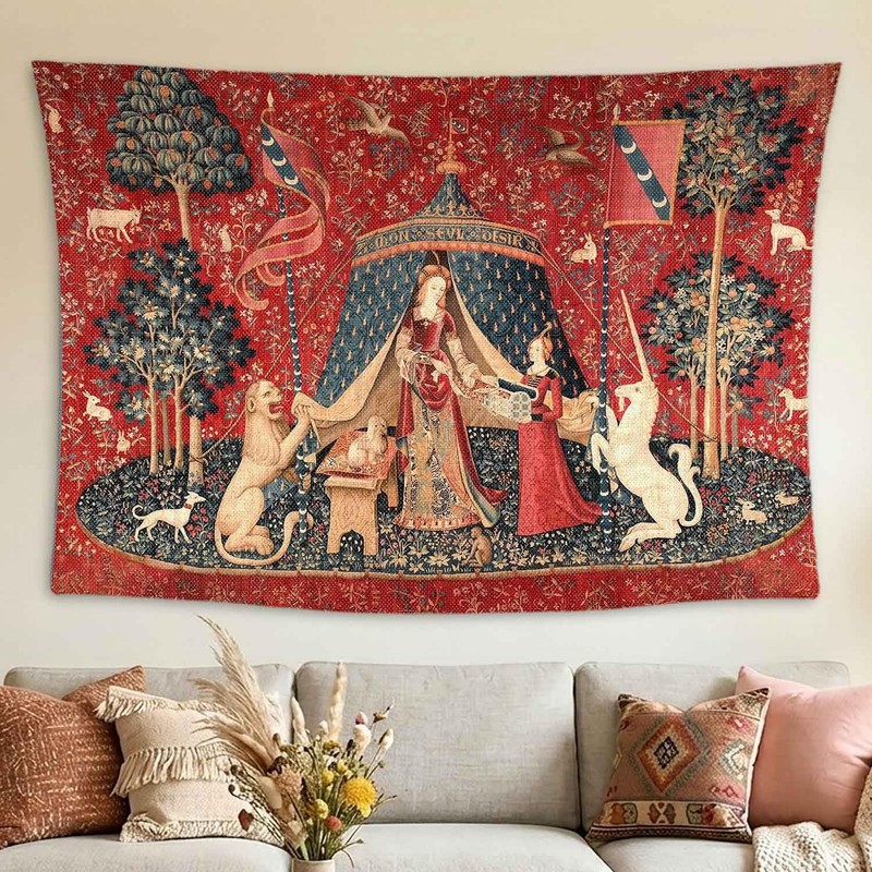 Medieval Tapestry, The Lady and the Unicorn Wall Hanging, Retro Red Vintage M…