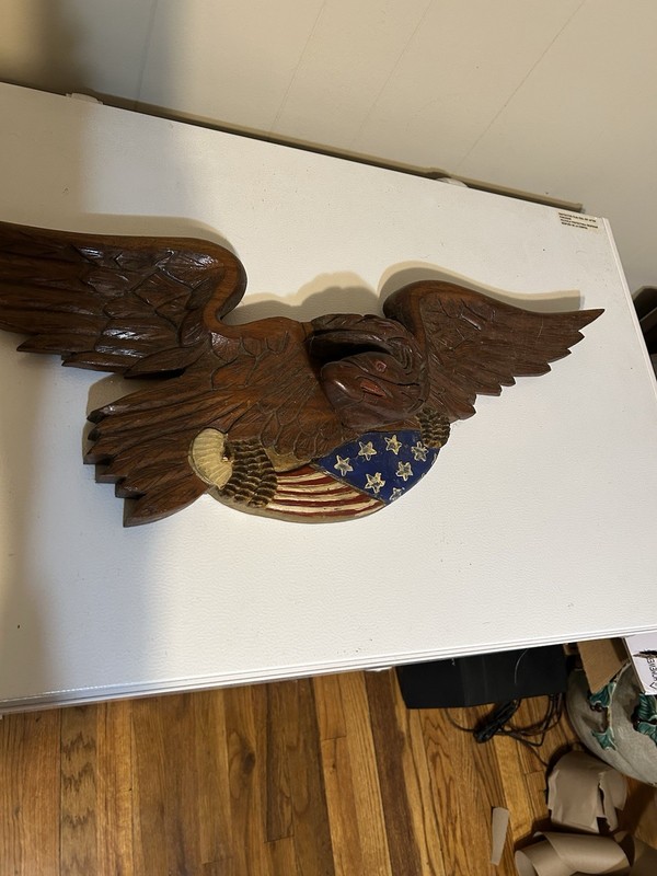 Hand Carved Wood Eagle Wall Plaque Americana Folk Art Patriotic Flag 27 1/2” gallery