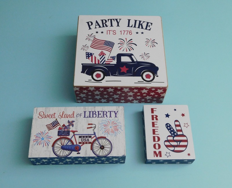 PATRIOTIC WOODEN BOX BLOCK DECOR LOT LIBERTY FREEDOM PEACE 1776 BIKE TRUCK STARS gallery