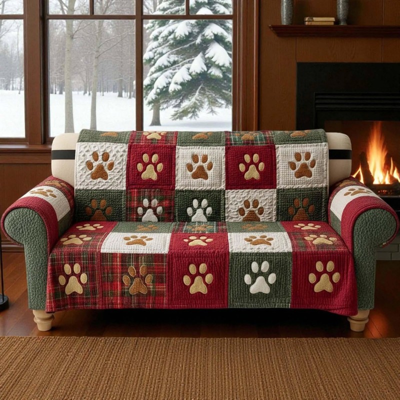 Paw Dogs Quilted Sofa Cover Cozy Washable Couch Protector Xmas Gift for Dog Mom