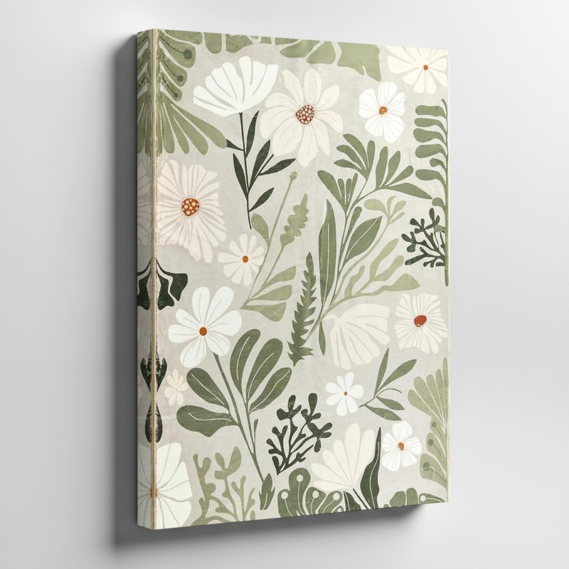 Green And White Botanical Canvas Wall Art With Abstract Floral Pattern For Home