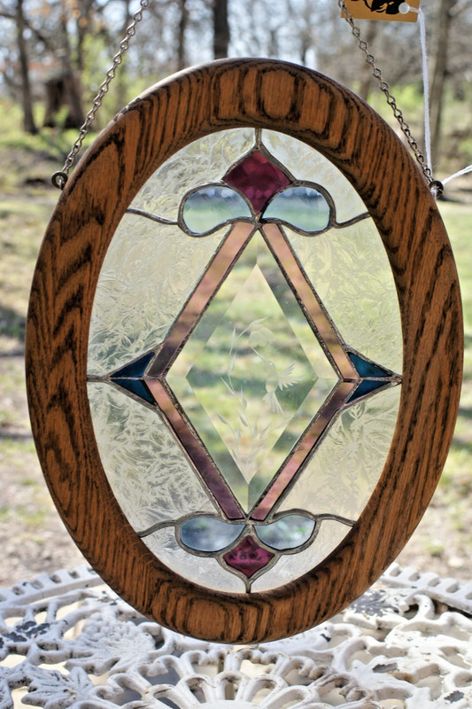 SG32 – Handcrafted Stained Glass Panel w/Oak Frame, Etched Glass Hummingbird