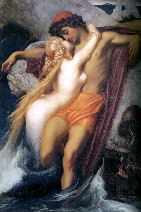 THE FISHERMAN AND THE SIREN NUDE MERMAID 1857 PAINTING FREDERIC LEIGHTON REPRO