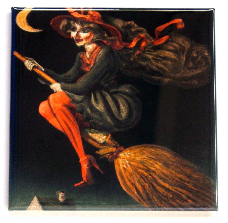 Red and Black Witch on Broom FRIDGE MAGNET halloween