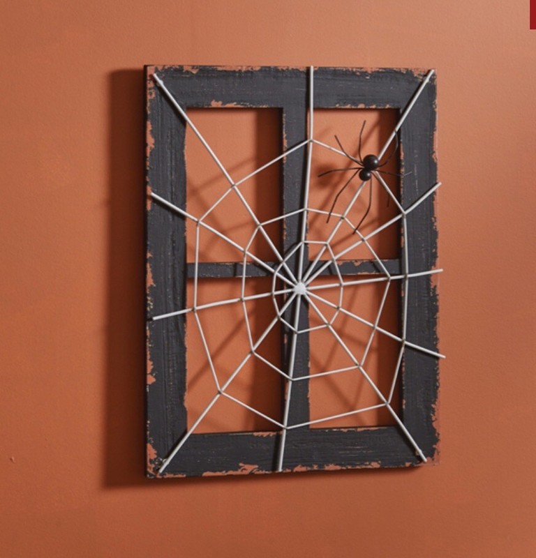 Distressed Halloween Metal Wood Spun Spiders Web Window Wall Decor