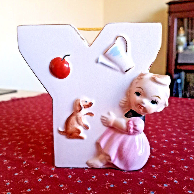 Vintage Letter Y Wall Hanger w/Baby & Dog