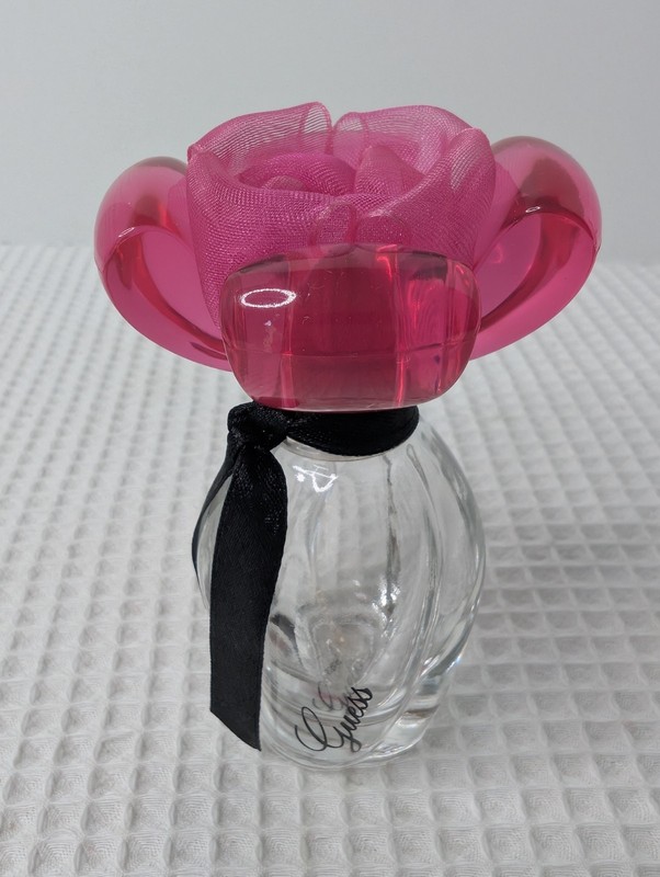 Vtg Guess Glass Bottle Eau De Toilette Pink Plastic & Tulle Rose Top Empty 4″