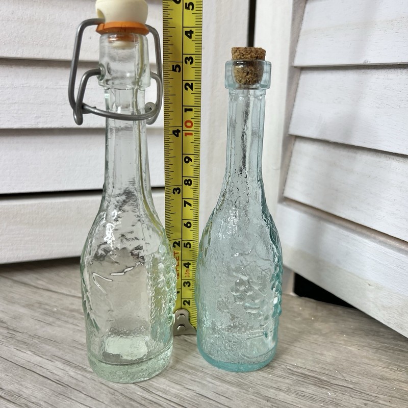 Vintage Pair Decorative Aqua Glass Bottles Grapes Design ~ Made in Spain 5-6″H