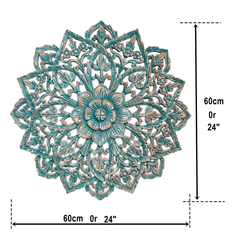 24" Round Teak Wood Wall Art Hand Carved Floral Mandala Turquoise White RS003