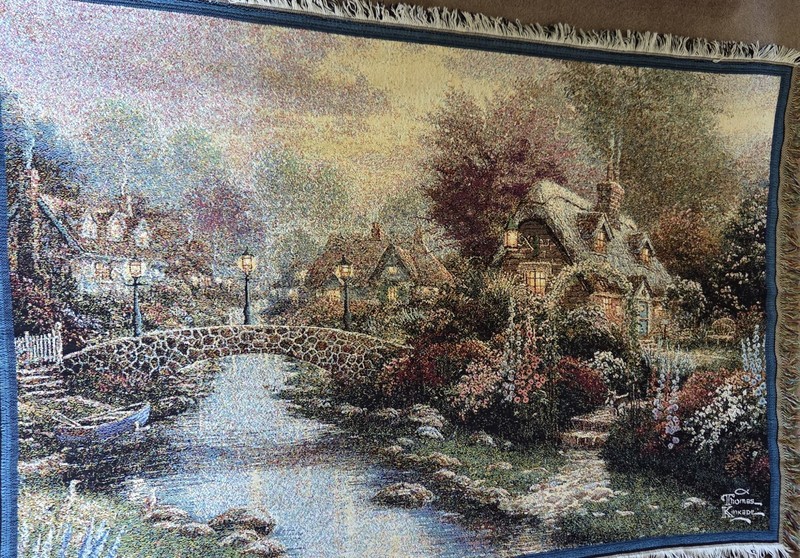 Thomas Kinkade Lamplight Bridge Tapestry Throw Blanket 42 x 62 USA Art Painting