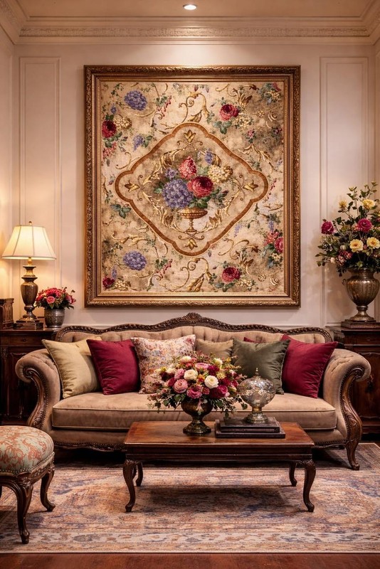 Vintage Floral Woven Tapestry Wall Hanging Large Victorian French Country Decor