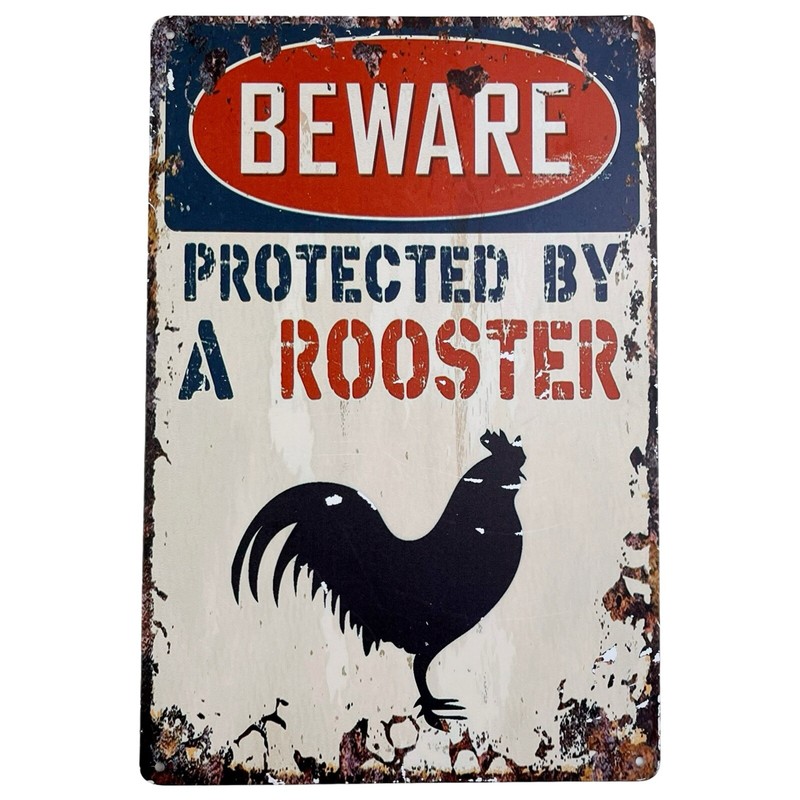 Rustic Rooster Sign Tin Metal Vintage Beware Protected by Rooster Chickens 8×12