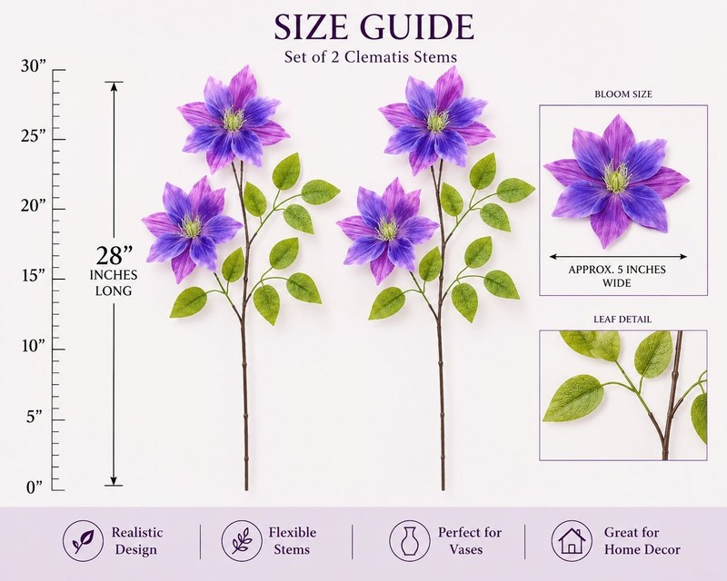 Set of 2 Purple Clematis Stems Faux Flower Branches Floral Decor Cottagecore gallery