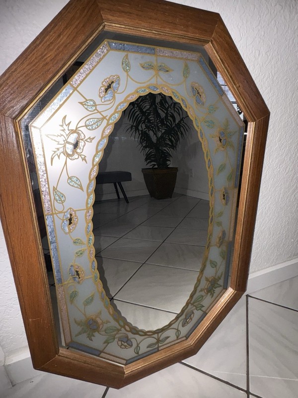 Vintage 80's Octagonal Floral Etched Mirror Retro Stained Glass Wood Frame Pink gallery