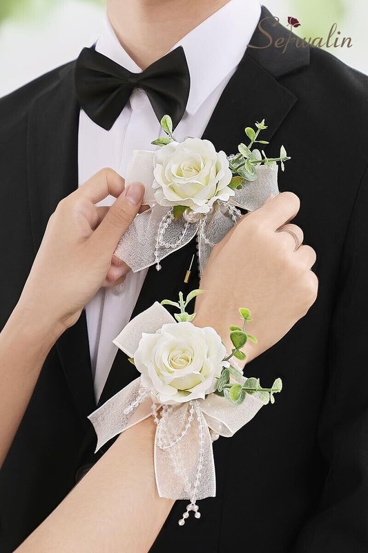 Set of 6 Pcs White Boutonniere for Men for Wedding Groom Groomsmen Artificial
