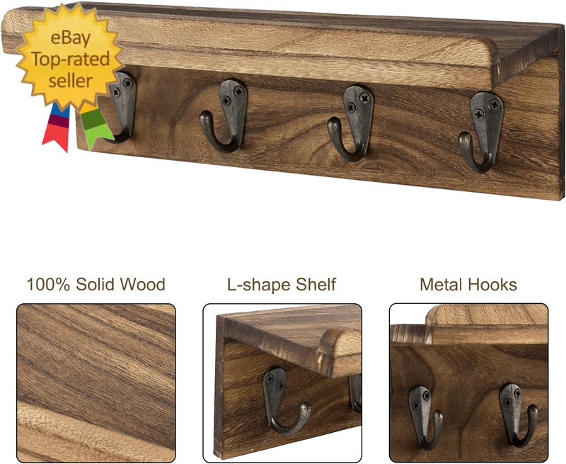 Rustic Key Holder for Wall, Farmhouse Wall Shelf with 4 Hooks, Wall Mounted Key gallery