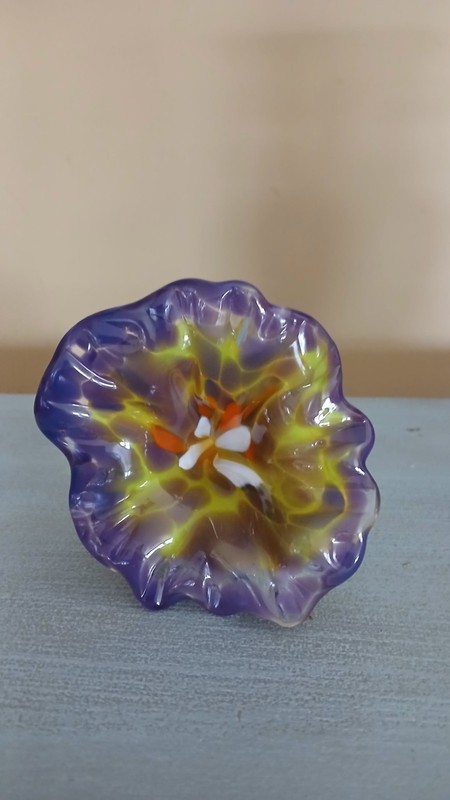 Vintage Glass Flower Waterer. (7″ X 3.75″). Purple, Orange, Green, White.