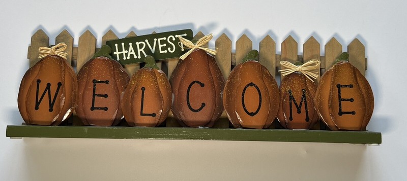 Wooden Pumpkin Welcome Hanging Sign 15-1/2”L x 5”T in Excellent Used Condition