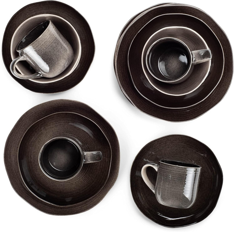 Rustic Boho 16-Piece Ceramic Dinnerware Set - Mocha Grey Ombre for 4 gallery