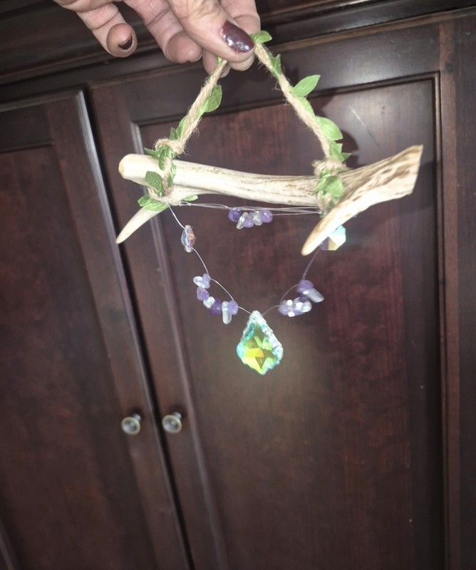 Handmade Bohemian Glass and Wood Suncatcher, Multicolor Decorative Mobile