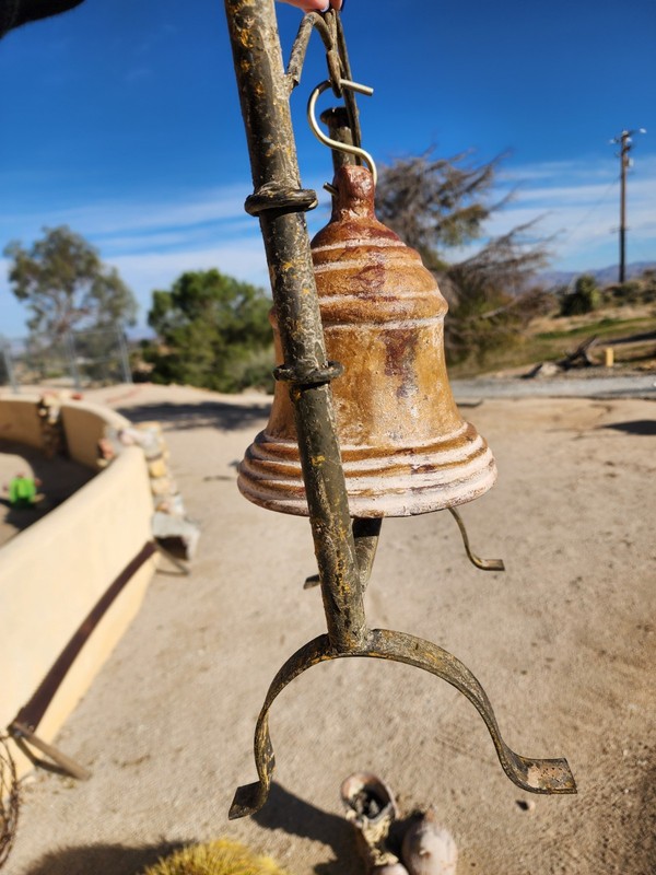 Large Rustic Clay Hanging Bell w Wrought Iron Stand Clapper Mission Southwestern gallery