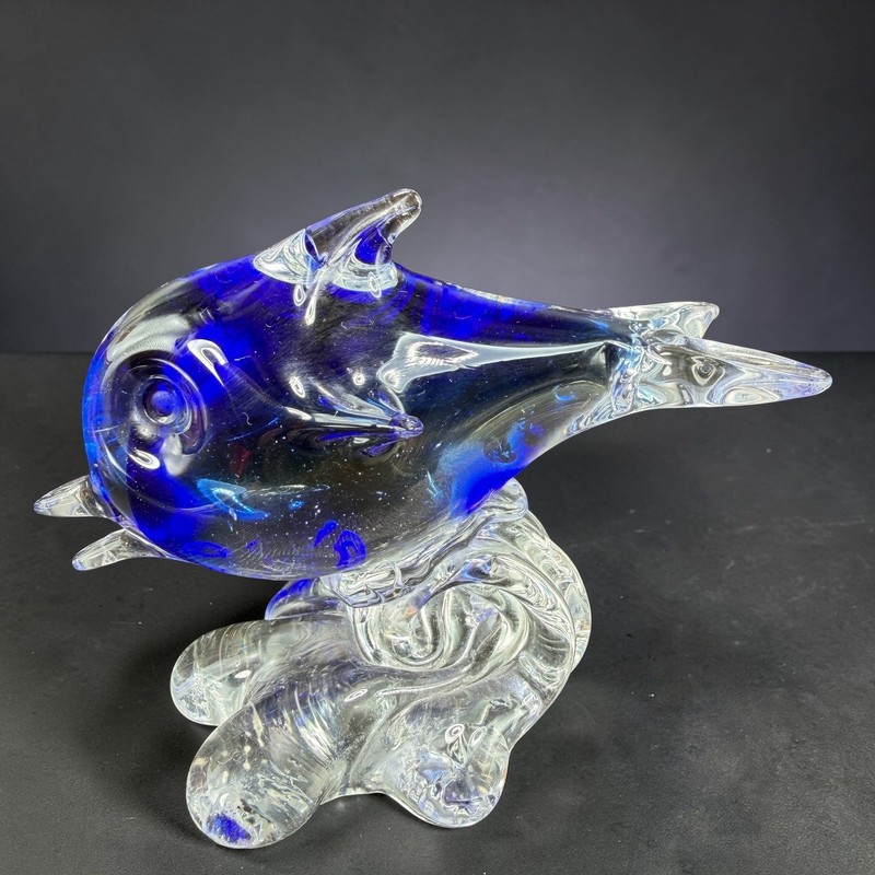Italian Blown Glass Fish Figurine Cobalt Blue Clear Glass Wave Base Sculpture