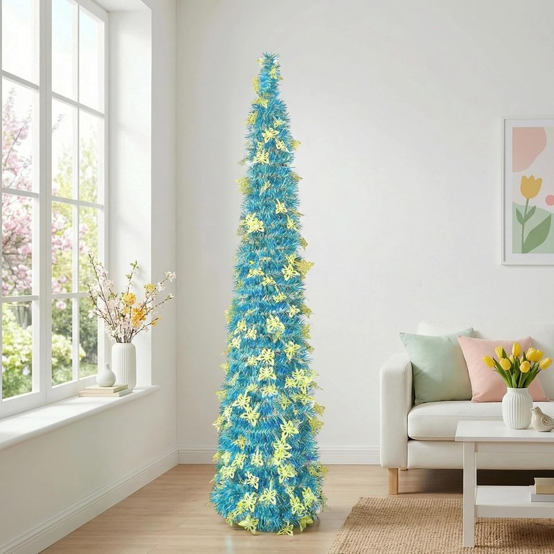 5FT Pop Up Easter Tree with 50 LED Lights Butterfly Foldable Collapsible Tinsel