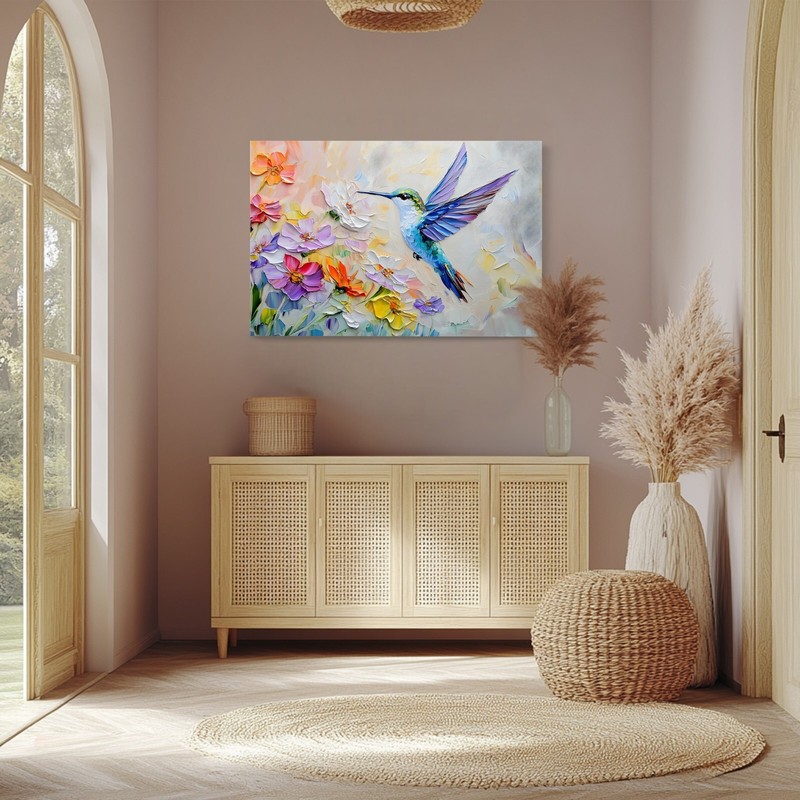 Hummingbird & Spring Wildflowers Pretty Painting Print on Canvas Wall Art Decor gallery
