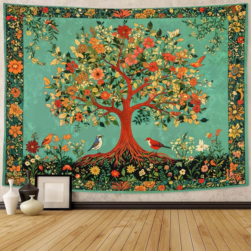 Boho Tree of Life Tapestry Vintage Nature Green Pink Plant Floral Flowers Leaves